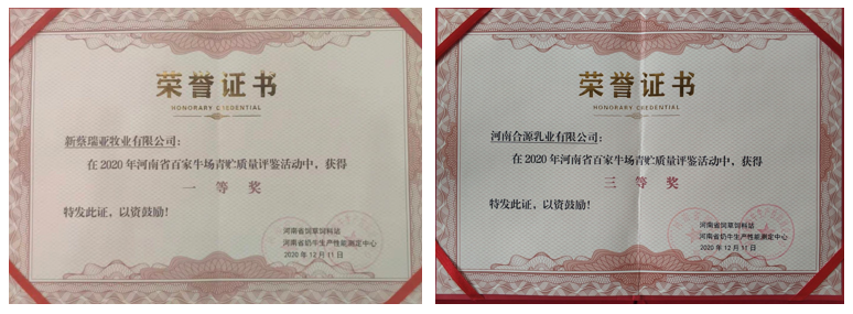 榮譽(yù) | “百家牛場青貯質(zhì)量評鑒活動”花花牛新蔡瑞亞牧業(yè)、河南合源乳業(yè)分別榮獲一、三等獎